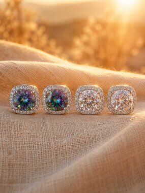 Museori 1ct White Moissanite Cushion Halo Stud Earrings Sterling Silver